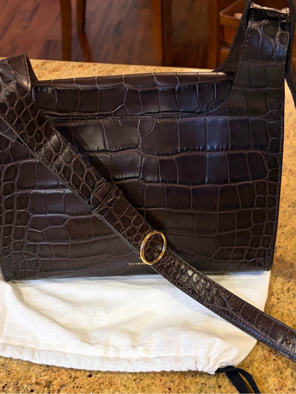 Cuyana Mocha Croc-Embossed Double Loop Shoulder Bag